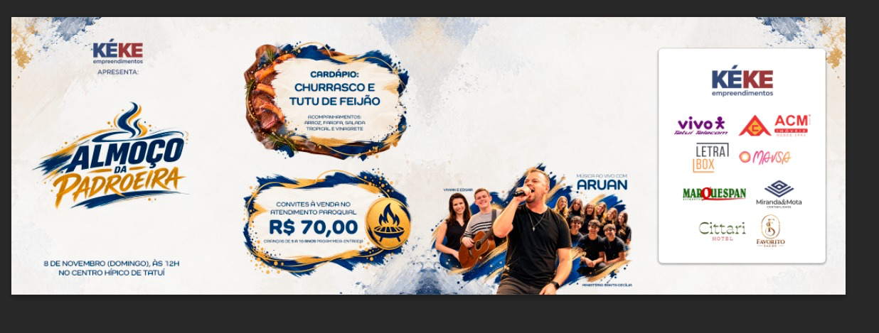 Arte corrigida do Almoço da Padroeira: 8 de novembro às 12h, convite de R$ 70,00 e música ao vivo com Aruan