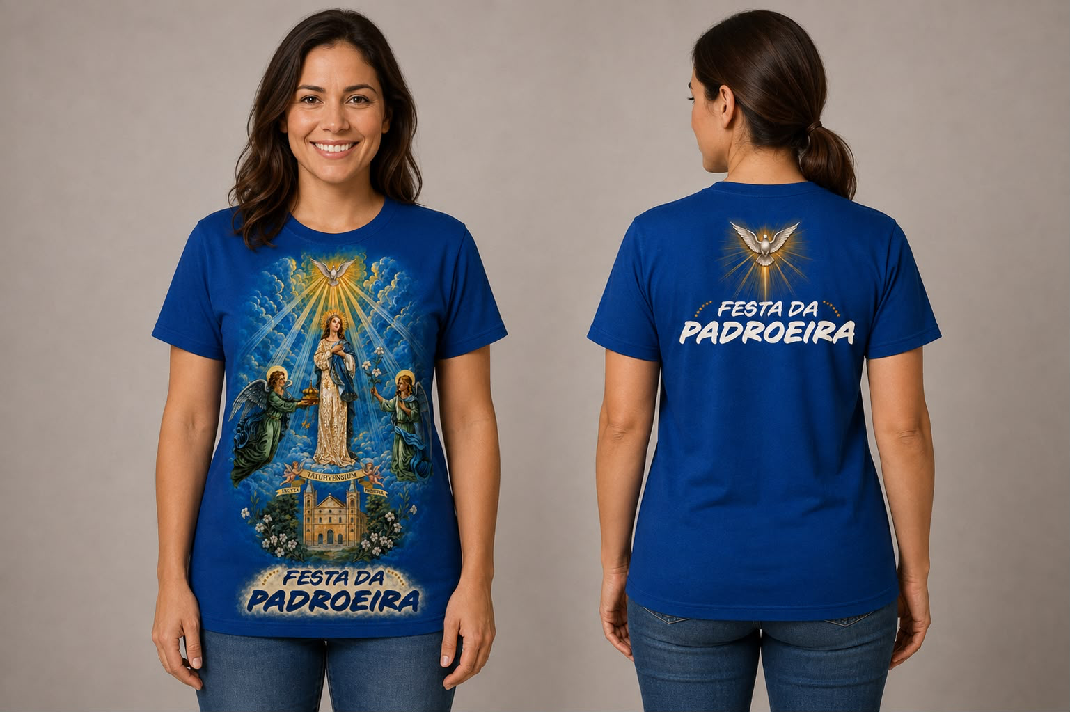Mockup da camiseta oficial da Festa da Padroeira, frente e costas